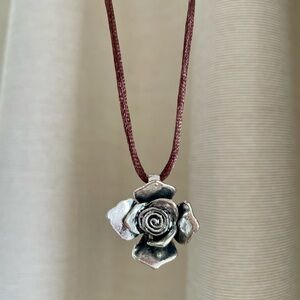 Silver Rose Pendant Necklace in Burgundy Cord 16” inches